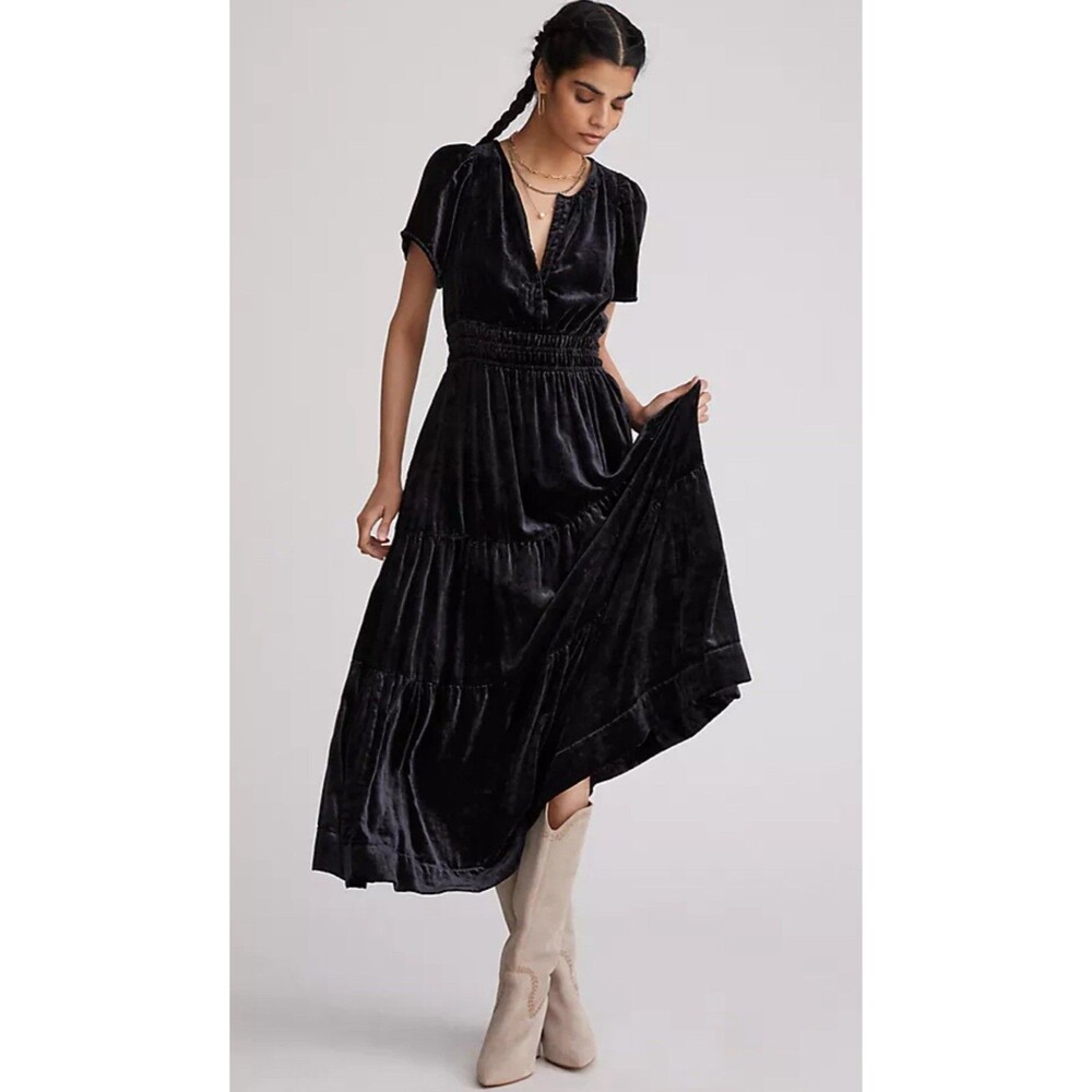 Anthropologie Maxi Dress Women Black Somerset Velvet Preppy Holiday Medium NWT